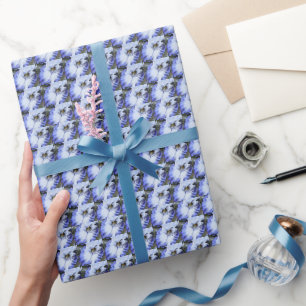 Papier Cadeau Motif floral Iris à fond bleu et blanc