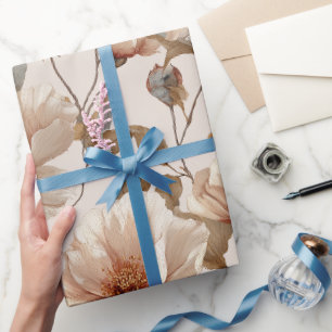 Papier Cadeau Motif floral ivoire Fleur rose élégante