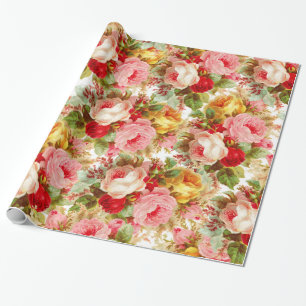 Papier Cadeau Motif floral jaune rose de roses rouges de