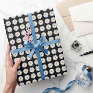 Papier Cadeau Motif floral marguerrier blanc sur noir