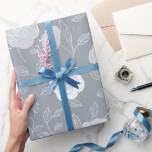 Papier Cadeau Motif floral minimal gris rose blanc