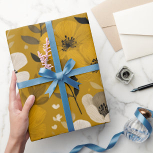 Papier Cadeau Motif floral moutarde fleur ton chaud rétro