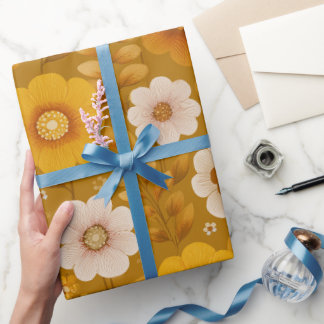 Papier Cadeau Motif floral moutarde fleuri ton chaud rétro