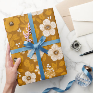 Papier Cadeau Motif floral moutarde fleuri ton chaud rétro