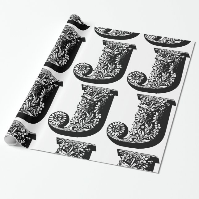 Papier Cadeau Motif floral noir et blanc initial du monogramme J (Déroulé)