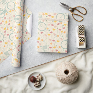Papier Cadeau Motif floral printanier et vélo vintage