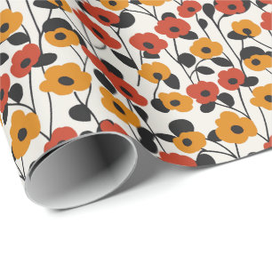Papier Cadeau Motif floral rétro en gras rouge, orange et noir