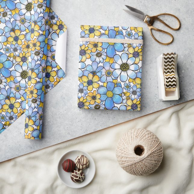 Papier Cadeau Motif floral rétro jouable, bleu doux et jaune (Artisanat)