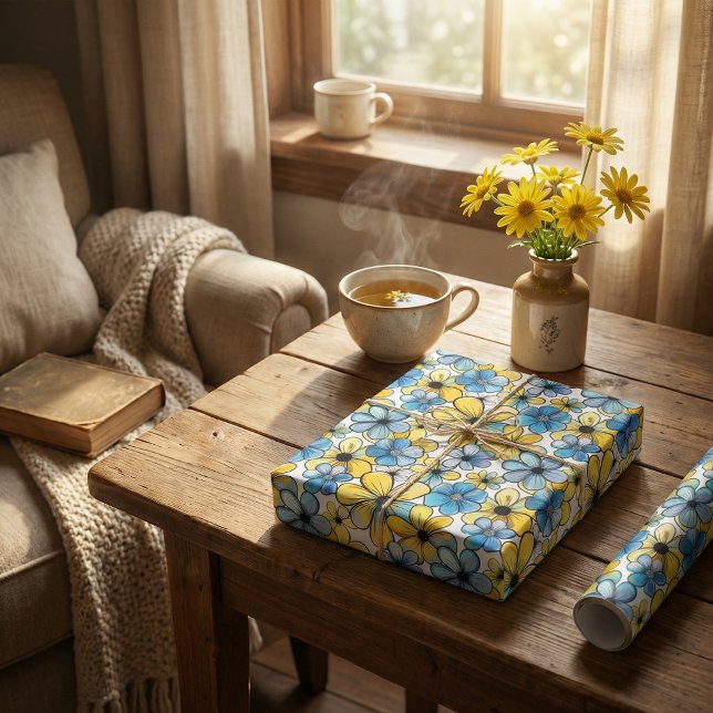 Papier Cadeau Motif floral rétro jouable, bleu doux et jaune (Créateur téléchargé)