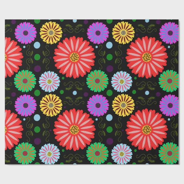Papier Cadeau Motif floral rétro lumineux d'art folklorique colo (Plat)