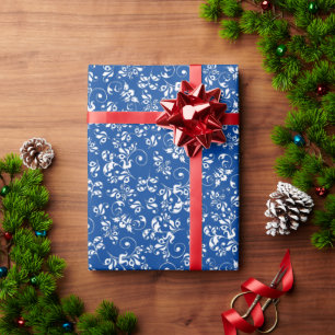 Papier Cadeau Motif floral rétro vintage bleu et blanc