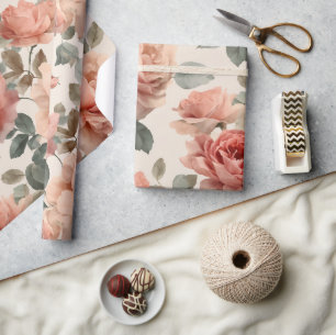 Papier Cadeau Motif floral rose beige aquarelle rose pâle