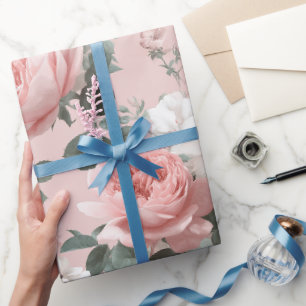 Papier Cadeau Motif floral rose blanc rose bébé féminin
