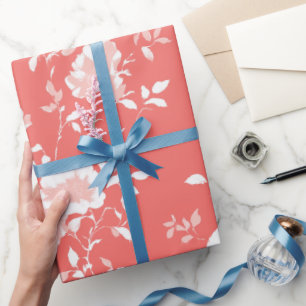 Papier Cadeau Motif floral rose corail moderne blanc