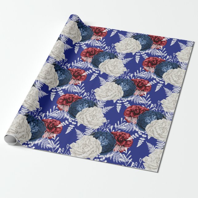 Papier Cadeau Motif floral rouge, blanc et bleu USA (Déroulé)