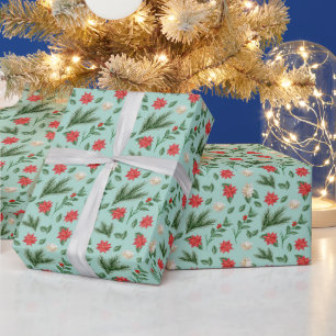 Papier Cadeau Motif floral rouge vert de Noël