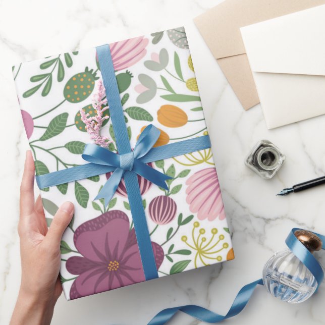 Papier Cadeau Motif Floral tendance rose jaune pourpre vert (Cadeaux)