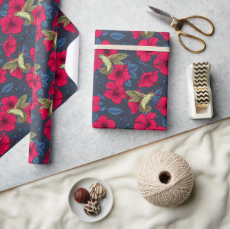 Papier Cadeau Motif floral tropical à fleurs d'hibiscus blanc
