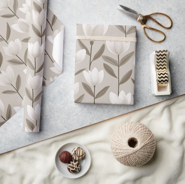 Papier Cadeau Motif floral tulipe ivoire neutre moderne (Artisanat)