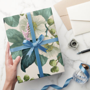 Papier Cadeau Motif floral vert botanique Crème