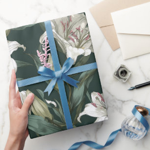 Papier Cadeau Motif floral vert lis blanc classique