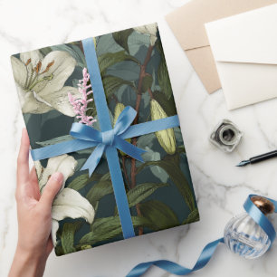 Papier Cadeau Motif floral vert lis blanc classique
