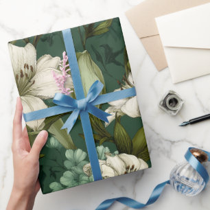 Papier Cadeau Motif floral vert lis blanc classique
