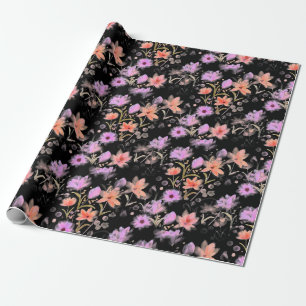Papier Cadeau Motif floral vintage noir et rose blush élégant