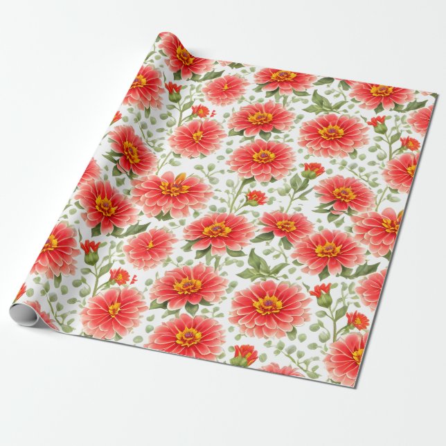 Papier Cadeau Motif floral Zinnia Fleurs (Déroulé)