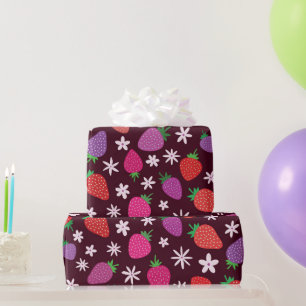 Papier Cadeau Motif fraises et fleurs blanches 