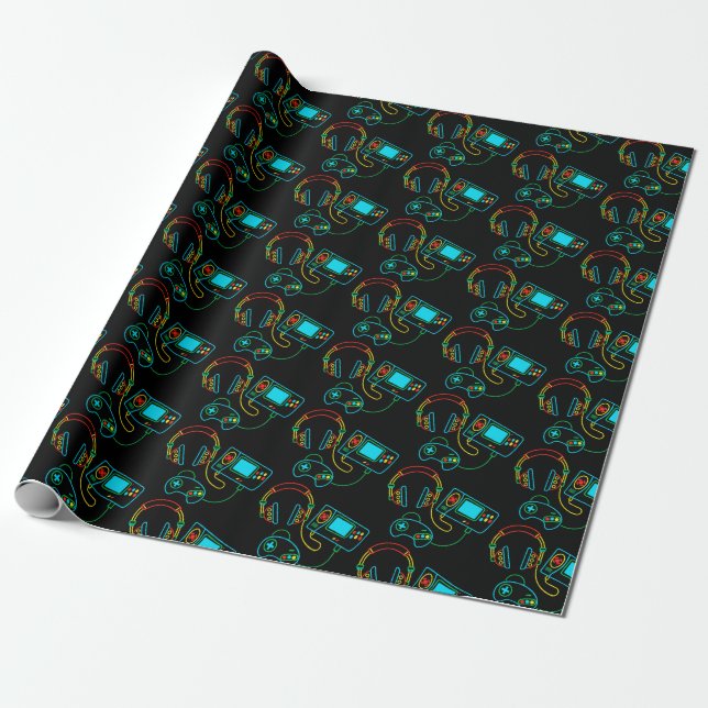 Papier Cadeau Motif Gamer Retro Neon (Déroulé)