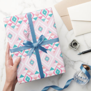 Papier Cadeau Motif géométrique aztèque rose et turquoise