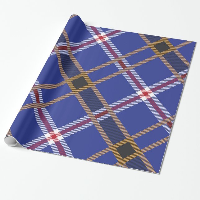 Papier Cadeau Motif géométrique bleu rouge or et blanc plaid (Déroulé)
