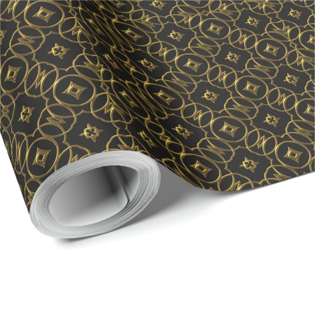 Papier Cadeau Motif géométrique brillant noir et or élégant (Coin rond)