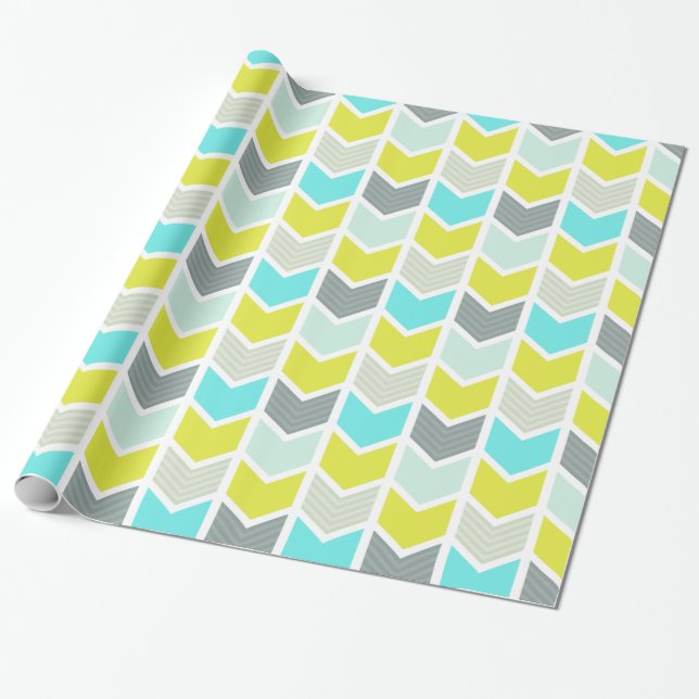 Papier Cadeau Motif géométrique gris jaune bleu de Chevron (Déroulé)