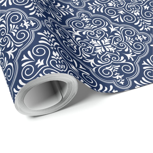 Papier Cadeau Motif géométrique marocain blanc et bleu nuit (Coin rond)
