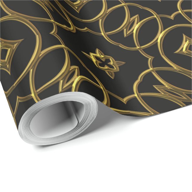 Papier Cadeau Motif géométrique noir et or brillant élégant (Coin rond)