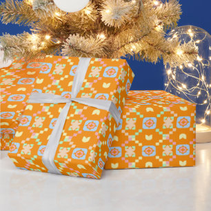 Papier Cadeau Motif géométrique pixel en pastel sur orange vibra