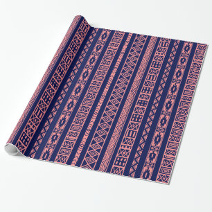 Papier Cadeau Motif Géométrique Tribal Bleu Et Corail Rouge
