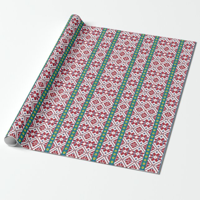 Papier Cadeau Motif géométrique tribal rouge, bleu et blanc étoi (Déroulé)