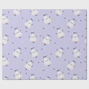 Papier Cadeau Motif Ghost mignon avec "Boo !" Texte sur Lavender