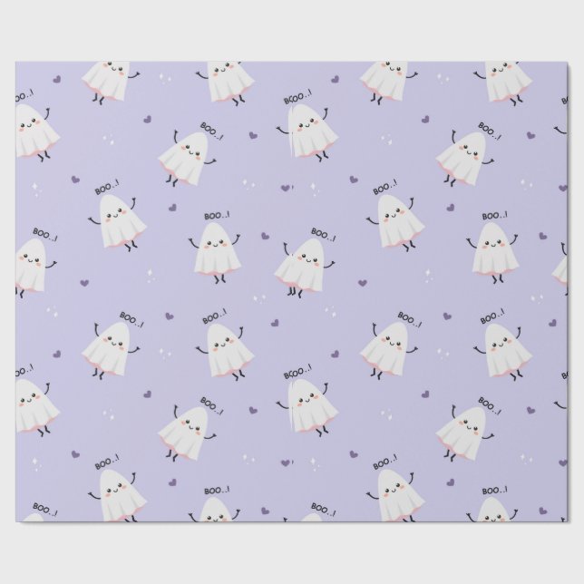 Papier Cadeau Motif Ghost mignon avec "Boo !" Texte sur Lavender (Couture)