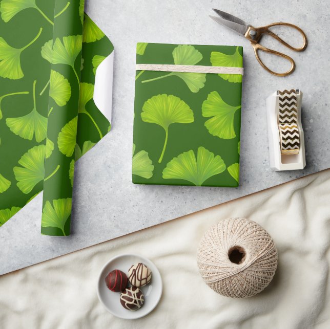 Papier Cadeau Motif Ginkgo sur vert foncé (Artisanat)