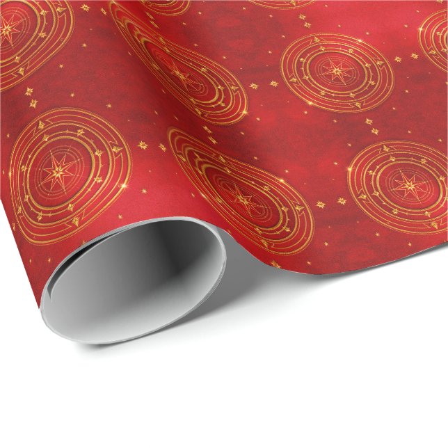 Papier Cadeau Motif Gold Compass et Red Stars (Coin rond)