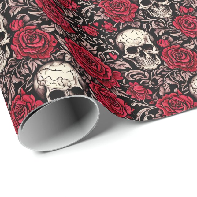 Papier Cadeau Motif gothique crâne et roses rouges (Coin rond)