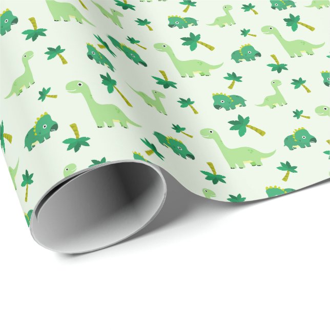 Papier Cadeau Motif Green Cute Dinosaures (Coin rond)