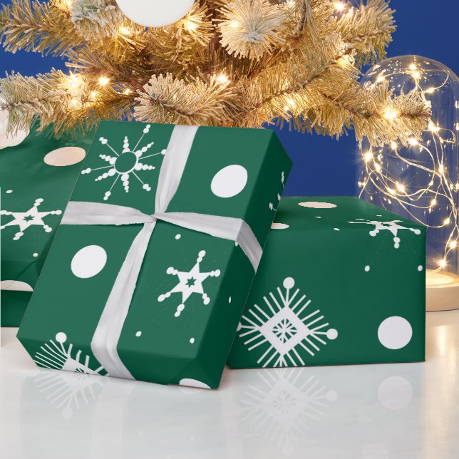 Papier Cadeau Motif Green White Snowflakes (Vacances)