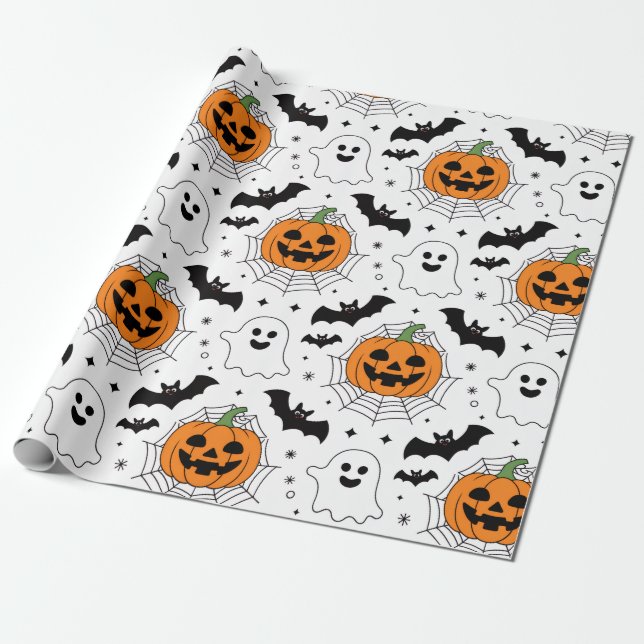 Papier Cadeau Motif Halloween Citrouille Éffrayant chauves-souri (Déroulé)