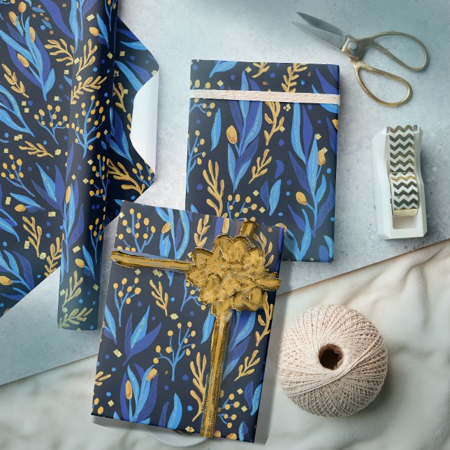 Papier Cadeau Motif Hanoukka jaune bleu (Blue Yellow floral Hanukkah Pattern Wrapping Paper)