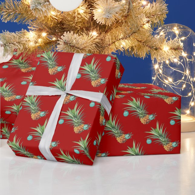 Papier Cadeau Motif hawaïen d'ananas de Noël rouge tropical (Vacances)